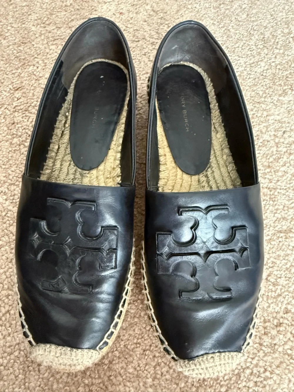 Tory Burch Ines Platform Black Leather Espadrille Flat